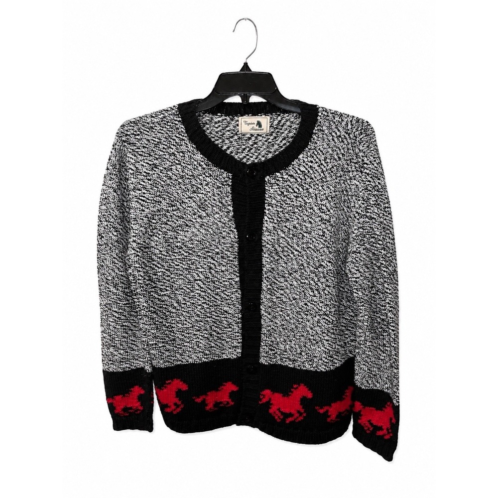 Vintage Equine Artwear Cardigan Sweater Horse Button Sz L Black Red Bolivia